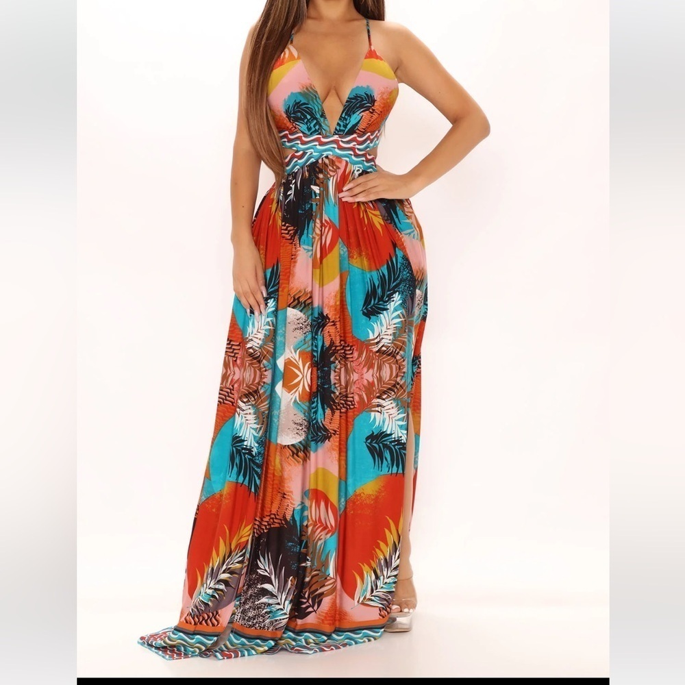 Fashion Nova Summer Forever Maxi Dress - Sz Small Teal/Combo